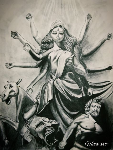 Ma Durga Full Body Drawing, Ma Durga Pencil Sketch, Durga Sketch Pencil, Maa Durga Drawing Sketch Realistic, Ma Durga Sketch, Ma Durga Mandala Art, Durga Maa Sketch, Maa Durga Sketch, Durga Drawing Art