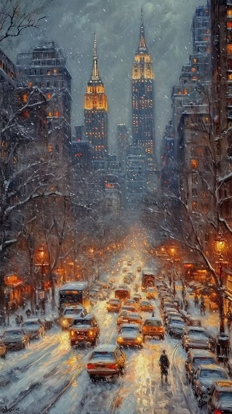 Christmas City Aesthetic, City Christmas Aesthetic, Aesthetic Winter Wallpaper, New York Painting, Winter City, Rennaissance Art, Christmas Artwork, City Drawing, City Painting