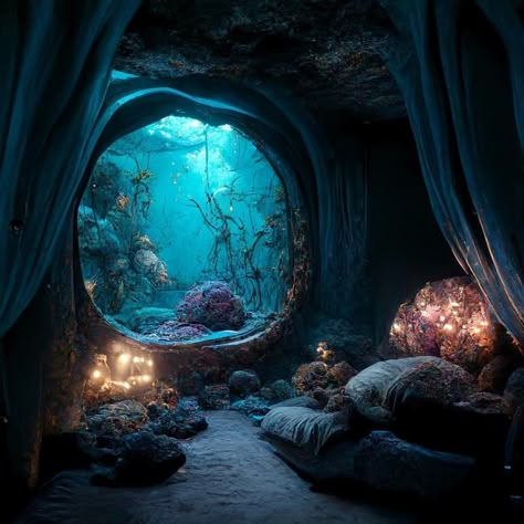 Atlantis Bedroom, Underwater Kitchen, Big Aquarium Living Rooms, Mermaid Rooms, Fantasy Builds, Underwater Bedroom, Mermaid Cave, Underwater Room, Water Room