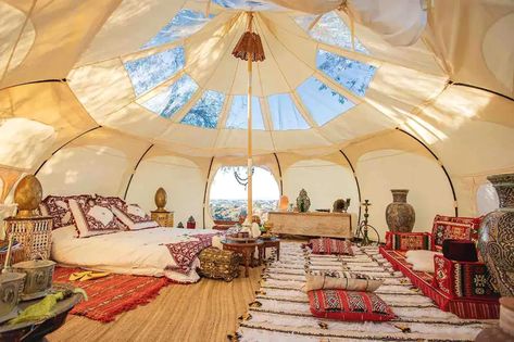 Bell Tent Interior, Lotus Belle Tent, Bell Tent Glamping, Topanga California, Yurt Interior, Luxury Yurt, Tents Camping Glamping, Moroccan Tent, Tent Room