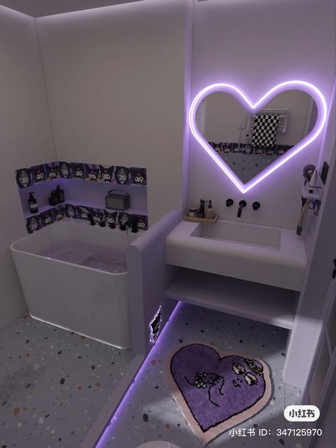 Kuromi Bathroom, Neon Light Aesthetic, Hello Kitty Dark, Sanrio Room Decor, Gamer Bedroom Ideas, Sanrio Bedroom, Kuromi Room, Hello Kitty Bathroom, Future Bedroom Ideas