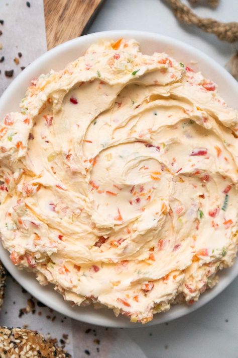 Diy Veggie Cream Cheese, Cream Cheese Recipes For Bagels, Vegetable Cream Cheese, Veggie Cream Cheese, Garden Vegetable Cream Cheese, Cream Cheese Flavors, Cream Cheese Spread, Veggie Cream Cheese Recipe, Bagel Spread Recipes