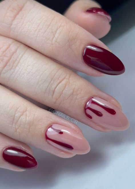 Blood nail art wine red burgundy - Bloody nails Blood Nails, Deep Red Nails, Wine Nails, Simple Fall Nails, Maroon Nails, Acrylic Nail Set, October Nails, Acrylic Nail Kit, Goth Nails