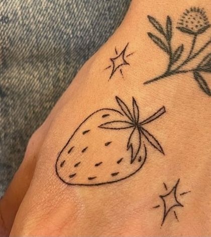 Strawberry Stick N Poke, Strawberry Finger Tattoo, Matching Strawberry Tattoo, Black Strawberry Tattoo, Strawberry Stick And Poke, Strawberry Tattoo Outline, Fine Line Strawberry Tattoo, Strawberry Tattoo Simple, Red Strawberry Tattoo