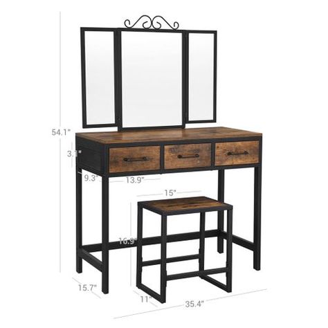 Vanity Table Vintage, Industrial Vanity, Rustic Dresser, Rustic Vanity, Makeup Station, Mirror Stool, Table And Bench Set, Trifold Mirror, Dressing Table Vanity