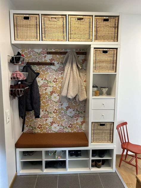 Ikea Kallax Mudroom, Kallax Mudroom, Mudroom Entryway Storage, Mudroom Wall Ideas, Ikea Entryway, Mudroom Remodel, Kallax Hack, Ikea Kallax Hack, Ikea Hallway