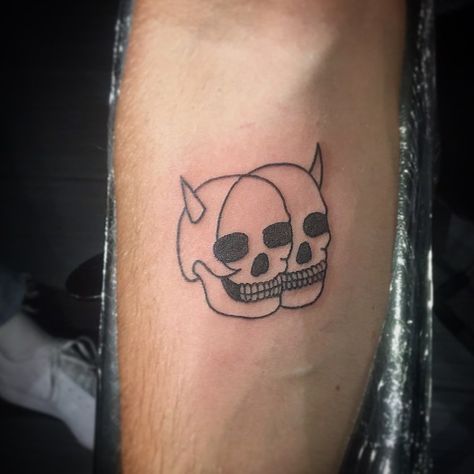 Double Devil Skull Tattoo #tattoo #tattoos #smalltattoos #amazingtattoo #beautifultattoos #watercolorTattoo #InspirationalTattoos #ArtTattoo #NeonTattoo Devil Tattoo Ideas, Tiny Skull Tattoos, New Tattoo Styles, Skull With Horns, Devil Tattoo, Cool Forearm Tattoos, Spooky Tattoos, Wings Tattoo