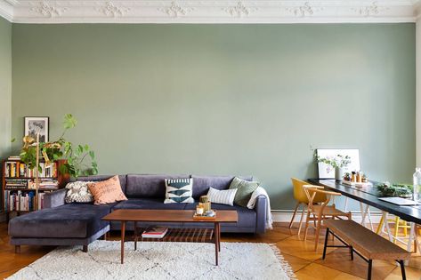 Blue Sofa Wall, Sage Living Room Ideas, Living Room Gray Couch, Playroom Colors, Mint Living Rooms, Kitchen Diner Lounge, Sage Living Room, Modern Eclectic Living Room, Dark Grey Couches