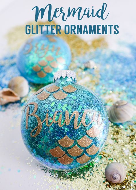 Make your own mermaid glitter ornaments! Fun for Christmas ornaments or as a baby shower gift Christmas Balls Diy, Made Gifts, Mermaid Christmas Tree, Christmas Glitter Ornaments, Mermaid Christmas Ornaments, Disney Christmas Decorations, Diy Mermaid, Mermaid Christmas, Mermaid Crafts