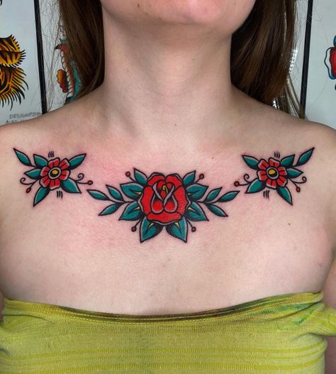 Kevin (@kevincarusotattooer) posted on Instagram: “Tats made in Detroit daily, DM for appointment #traditionaltattoo #traditionaltattooflash #traditional_flash #trflash #tattoo #tattooflash…” • Apr 13, 2022 at 8:50pm UTC Traditional Tattoo Collar Bone, Chest Tattoo Female Traditional, Traditional Rib Tattoo, Sternum Tattoo Women Traditional, Chest Tattoo Traditional, Traditional Sternum Tattoo, Under Collar Bone Tattoos, Interesting Tattoos, Side Neck Tattoo