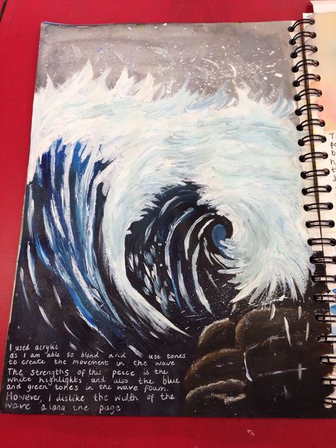 Wave in my art book GCSE Gcse Art Sketchbook Seaside, Water Title Page, Ocean Gcse Art, Ocean Gcse Art Page, Gcse Textiles Water, Gcse Art Sketchbook Ocean, Water Gcse Art, Gcse Art Land Sea And Sky, Land Sea And Sky Gcse Art