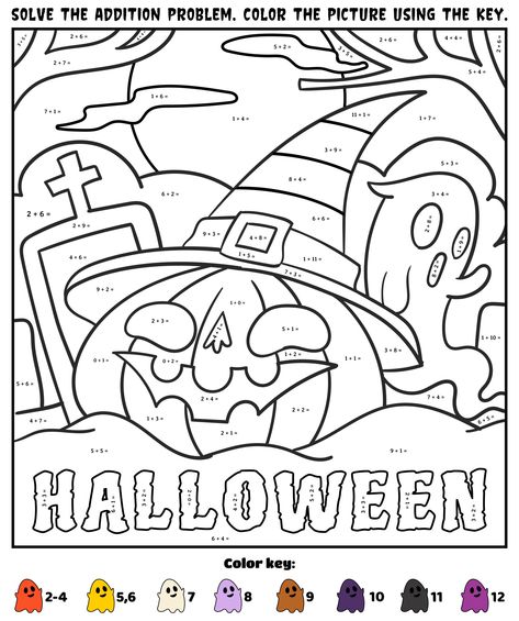 Math Halloween Craft, Kindergarten Worksheets Halloween, Halloween Math Activities Middle School, Color By Number Math Printable Free, Halloween Kindergarten Worksheets, Halloween Color By Number Free Printable, Free Halloween Math Worksheets, Color By Number Halloween, Halloween Worksheets Preschool