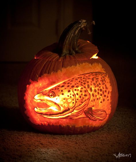 Brown Trout Pumpkin by masonfetzer Pumpkin Fish, Fishing Landscape, Fun Diy Halloween Decorations, Photography Hiking, Mountains Camping, Pumkin Carving, Pumpkin Carving Contest, Amazing Pumpkin Carving, 90s Fashion Outfits Hip Hop Party