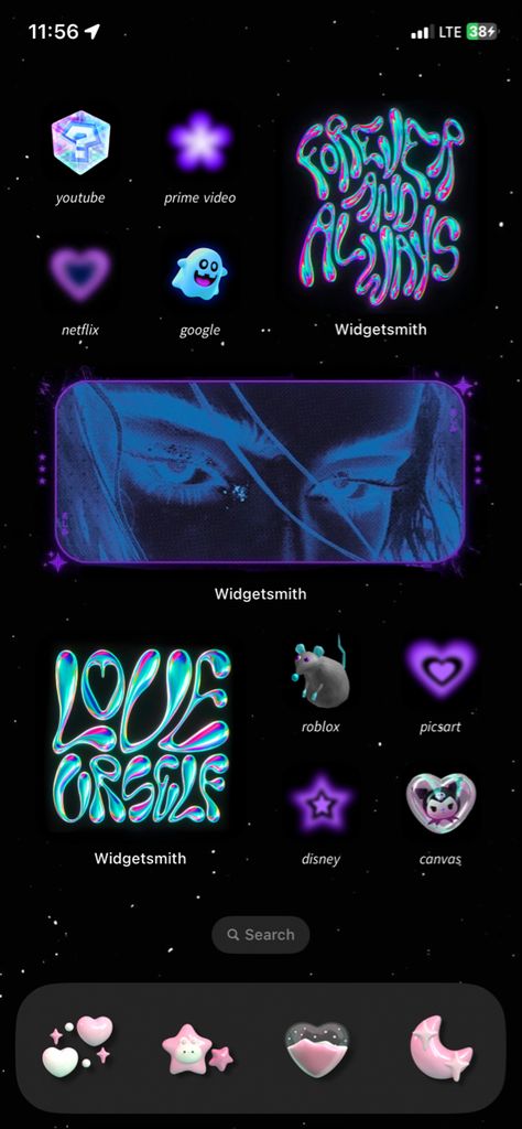 Ios Theme Ideas Y2k, Neon Iphone Layout, Neon Ios 16 Wallpaper, Cool Iphone Screen Layout, Cyberpunk Ios Theme, Aura Iphone Layout, Dark Purple Phone Layout, Neon Homescreen Ideas, Phone Screen Layout Ideas