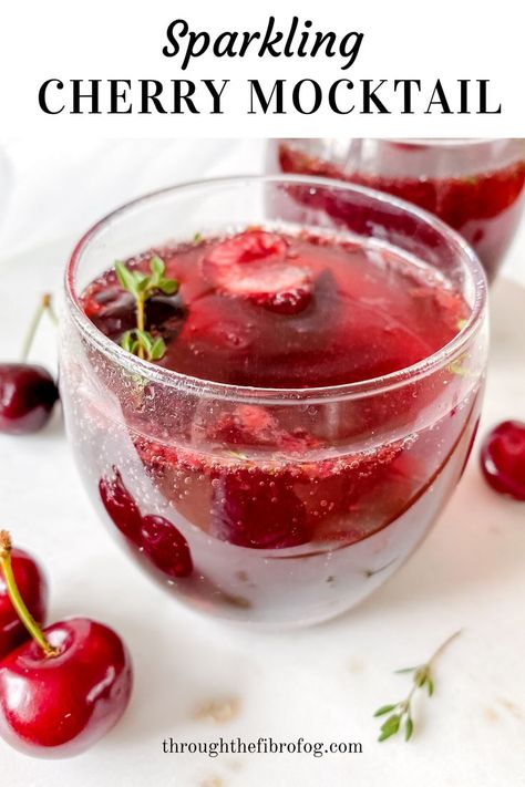 two glasses of cherry mocktail next to cherries and thyme sprigs. Low Histamine Foods, Alcohol Free Cocktails, Cherry Drink, Fibro Fog, Summer Drinks Alcohol, Low Histamine Diet, Tart Cherry Juice, Tasty Drinks, Pear Smoothie