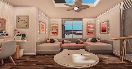 Blocksburg Living Room, Blocksburg Living Room Ideas, Bloxburg Tiny House, Bloxburg Architecture, Bunk Bed Room Ideas, Blocksburg House, Sleepover Room, Bio On Instagram, Blocksburg Room Ideas￼