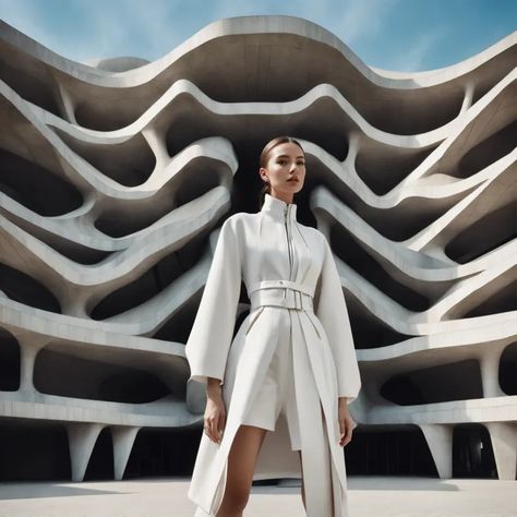 Lexica - hyperrealistic haute couture fashion model wearing black fur outfit by balenciaga photoshoot in the style of vogue magazine in front of brutalist parametric futuristic architecture by zaha hadid Brutalist Outfit, White Outfit Photoshoot, Balenciaga Photoshoot, Black Fur Outfit, Futuristic Fashion Editorial Photography, Brutalist Fashion Editorial, Tropical Brutalism Architecture, Futuristic Photoshoot, Brutalist Tropical Home