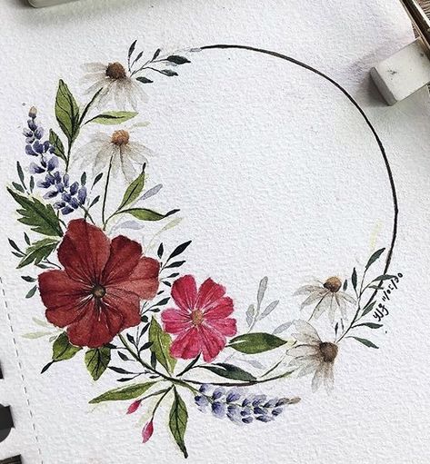 Floral Wreath Painting Acrylic, Watercolor Wreaths Floral, Watercolour Flower Wreath, Flower Wreath Drawing, Floral Wreath Drawing, Watercolor Floral Wreath, Watercolor Flower Wreath, Paper Art Design, Bond Paper Design