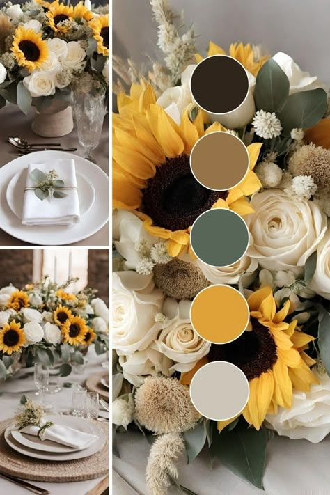 Rustic Fall Wedding Sunflowers, Sunflower And Brown Wedding, Greens And Neutrals Wedding, Sage Green Sunflower Wedding Theme, Yellow And Sage Color Palettes, Wedding Colors That Go With Sunflowers, Spring Wedding Colors With Sunflowers, Wedding Themes With Sunflowers, Fall Sunflower Wedding Colors