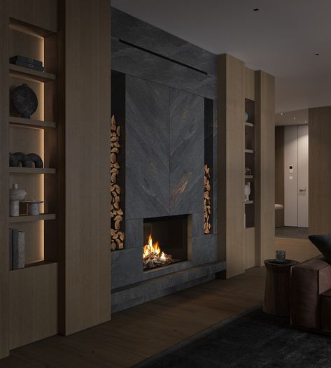 Chimney Wall Ideas Fire Places, Dark Fireplaces, Mist Fireplace, Modern Chinese Interior, Interior Collage, Luxury Fireplace, Interior Livingroom, Corridor Design, Basement Reno