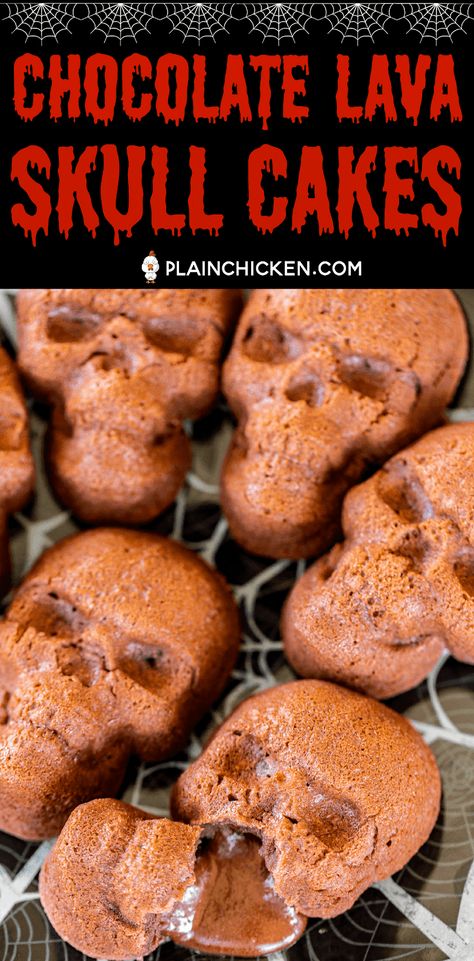 Chocolate Lava Skull Cakes - seriously delicious and PERFECT for your Halloween parties! Only 5 simple ingredients - chocolate chips, butter, eggs, powdered sugar, flour. They only take a minute to whip up and are ready to eat in about 15 minutes. Serve the cakes with some whipped cream and/or vanilla ice cream. Delicious and frightfully festive!! #halloween #chocolate #chocolatelavacake #cake #quickdessert Skull Lava Cake, Halloween Munchies, Skull Cake Pan, Skull Cakes, Postres Halloween, Skull Cake, Happy Haunting, Plain Chicken, Chocolate Lava