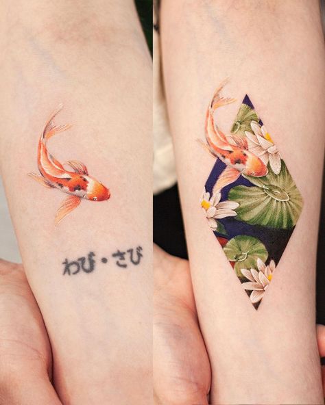 Koi Fish Tattoo Arm Sleeve, Orchid And Koi Fish Tattoo, Lotus And Koi Tattoo, Flower Color Tattoos, Anime Koi Fish Aesthetic, Armlet Tattoo, Pond Tattoo, Koi Carp Tattoo, Koi Fish Tattoos