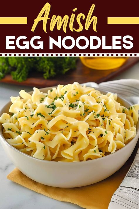 These Amish egg noodles are creamy, comforting, and delicious! The simple blend of parsley and butter is the perfect coating for tender pasta. Pasta Nest Recipes, Creamed Noodles, Side Dishes With Egg Noodles, Noodles For Thanksgiving Dinner, Recipe For Egg Noodles, Egg Noodle Side Dishes, Wide Egg Noodles Recipes, Egg Noodles Side Dish, Diy Egg Noodles