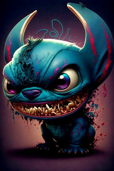 Horror Stitch Disney, Evil Stitch, Horror Monster Art, Scary Cartoon Characters, Scary Stitch, Evil Disney Characters, Evil Cartoon Characters, Evil Wallpaper, Epic Wallpaper