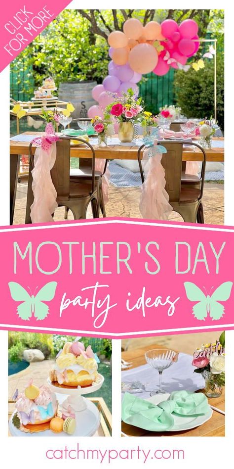 Take a look at this gorgeous Mother's Day garden party! Love the table settings! See more party ideas and share yours at CatchMyParty.com Mother's Day Party, Edible Butterfly, Butterfly Garland, Mother's Day Theme, Garden Cakes, Rustic Party, Picnic Style, Mothers Day Cake, Mothers Day Decor