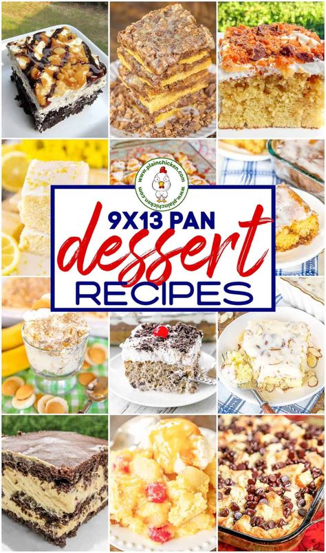 Easy 9x13 Dessert Recipes - 15 of our most popular dessert recipes that are made in a 9x13-inch pan. All of the recipes can be made in advance and refrigerated or stored overnight. Great for parties, potlucks, tailgating, and the holidays! Save this post! You are going to want to make all of these delicious recipes! #dessert #cake #cheesecake #pecans Family Reunion Desserts Easy Recipes, Cheap Cakes To Make, Overnight Dessert Recipes, 9 X13 Cake Recipes, Easy 9 X 13 Cake Recipes, Potluck Deserts Easy, 13 X 9 Desserts, Non Refrigerated Desserts For A Crowd, Refrigerator Desserts Easy