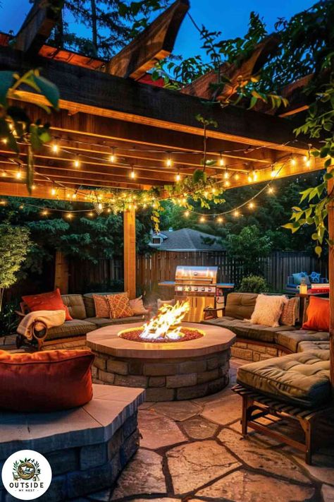 25 Super Cozy Outdoor Fireplaces for Your Backyard Open Sitting Area Garden, Outdoor Patio With Pergola And Fireplace, Pit Ideas Backyard, Fireplace Pergola Ideas, Fire Pit With Built In Bench, Mexican Fire Pit Ideas Backyard, Stone Bench Fire Pit, Wooden Seating Area Garden, Back Porch With Fire Pit