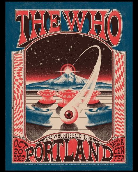 Max Löffler on Instagram: "THE WHO - Portland, OR Had the honour to create the official gigposter for legends @officialthewho for their show at Portland tonight! The motif is inspired by their track „Pinball Wizard“ with Mount Hood in the back and features the classic colours of the band’s iconic visual identity. This time I was after a more psych vibe/shape for type and my usual framing. Turns out this my own little tribute to the grandmasters of psychedelic poster art, Stanley Mouse, Alton K Stanley Mouse, Screen Print Poster, Tour Poster, Tour Posters, The Who, Gig Posters, Band Posters, Editorial Illustration, Freelance Illustrator