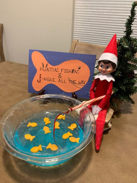 Goldfish, blue Gatorade, saran wrap, and a candy cane. Huntin’, Fishin,’ & Jingle All The Way Elf On The Shelf And Candy Canes, Elf On The Shelf Ducks, Elf On The Shelf Fishing Goldfish, Candy Cane Elf Ideas, Elf On Shelf Fishing, Elf On The Shelf Goldfish, Elf Fishing For Goldfish, Elf On The Shelf With Candy Canes, Elf On The Shelf Ideas Candy Canes