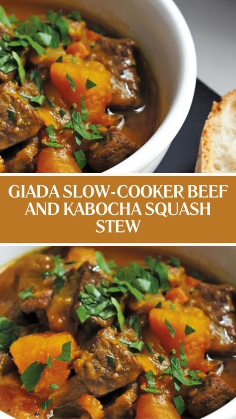 Giada Slow-cooker Beef and Kabocha Squash Stew Beef Squash Stew, Beef Stew With Butternut Squash, Squash Kabocha, Squash Stew, Beef And Squash Stew, Kabocha Soup, Kobucha Squash Soup, Kabocha Recipes, Kobucha Squash Recipes