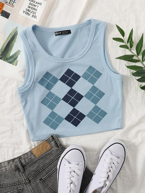 Argyle Print, Shein Brasil, Tank Crop Top, Top Shein, Spring Fits, Women Tank Tops, Blue Tank Top, Print Crop Tops, Knit Tank