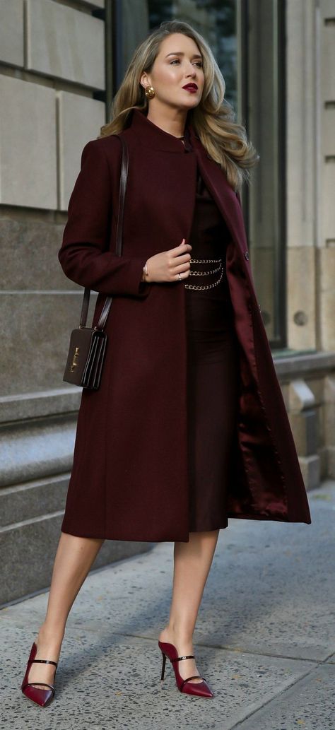 // Burgundy cowl-neck midi dress, burgundy wool blend longline coat with standup collar, burgundy double-strap leather stiletto heel mules, gold vintage triple chain belt, burgundy leather shoulder bag{ #reiss #malonesouliers #shopbop #nordstrom #yvessaintlaurent #chanel #fallstyle #workwear #classicstyle #30dressesin30days #day12 #winterstyle } Mary Orton, Burgundy Coat, Nordstrom Outfit, Client Meeting, Longline Coat, Fall Dress Outfit, Heel Mules, Professional Attire, Business Outfit