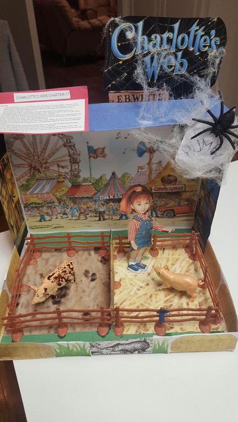 Charlotte's web shoe box project Charlotte's Web Diaroma, Charlottes Web Book Report Ideas, Shadow Box Book Report, Charlottes Web Diorama Project, Charlotte’s Web Diorama, Charlotte Web Diorama, Shoe Box School Project Ideas, Shoe Box Diorama Book Report, Charlotte's Web Diorama