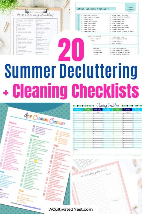 20 Summer Cleaning and Decluttering Checklists- Summer is the perfect time for cleaning, and these summer cleaning and decluttering checklists will have your home tidy in no time! Many are also free printables, for even easier use! | #freePrintables #cleaningChecklist #declutteringChecklist #cleaningSchedule #ACultivatedNest Summer House Cleaning Schedule, Summer Deep Cleaning List, Summer Cleaning Schedule, House Cleaning Checklist Free Printable, Summer Declutter, Summer Cleaning Checklist, Simple Cleaning Checklist, Deep Cleaning Lists, Deep Cleaning House Checklist