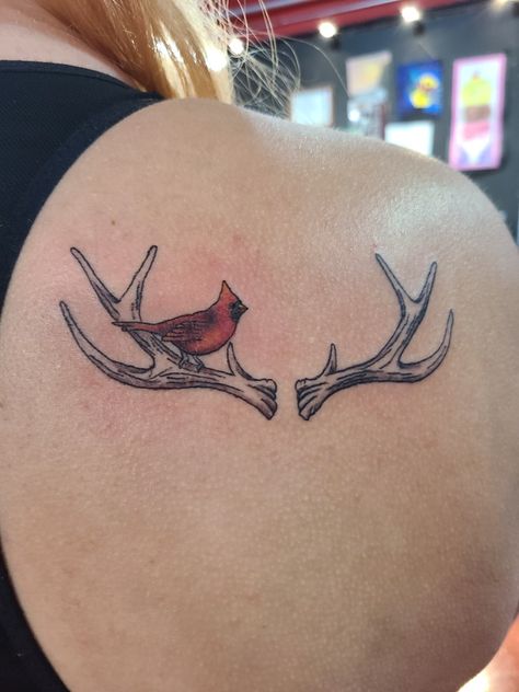 Deer Antler Memorial Tattoo, Cardinal Remembrance Tattoos, Infinity Tattoo With Cardinal, Deer Memorial Tattoo Grandpa, Hunting Tattoo Ideas For Men, Memorial Tattoo For Grandpa, Deer Memorial Tattoo, Cardinal Feather Tattoo, Cardnial Tattoo