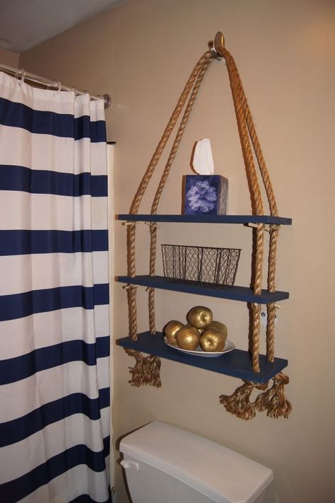 Anchor Bathroom Ideas, Anchor Bathroom, Diy Nautical, Rope Shelf, Nautical Room, Nautical Bedroom, Anchor Decor, Nautical Diy, Nautical Bathroom Decor