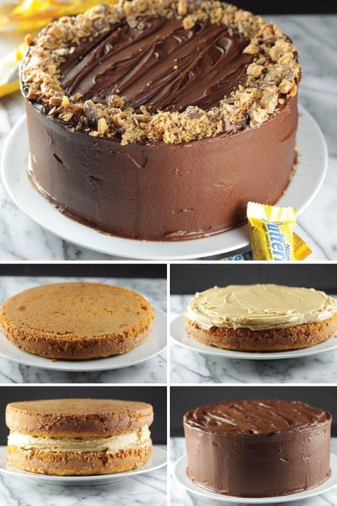 What could be better than a homemade dessert recipe? Try adding in the crispety, crunchety, peanut-buttery taste of BUTTERFINGER® Fun Size candy bars. Peanut butter and chocolate frosting help take this classic cake to a new and delicious level. Make this sweet treat for your next family birthday party! Butterfinger Birthday Cake, Turtle Cake Recipe, Butterfinger Cake Recipe, Butterfinger Recipes, Homemade Butterfingers, Butterfinger Cake, Halloween Pumpkin Cake, Fancy Deserts, Family Birthday Party