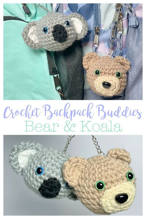 Crochet a little backpack buddy keychain to send with kids back to school. The free crochet pattern includes instructions for both a Koala and a Bear. They have a keychain clip to easily attach them to zippers on a backpack. Crochet Back To School, Crochet Minis, Keychain Pattern, Crochet Plushies, Crochet Backpack, Crochet Keychain Pattern, Creative Crochet, Amigurumi Animals, Keychain Clip