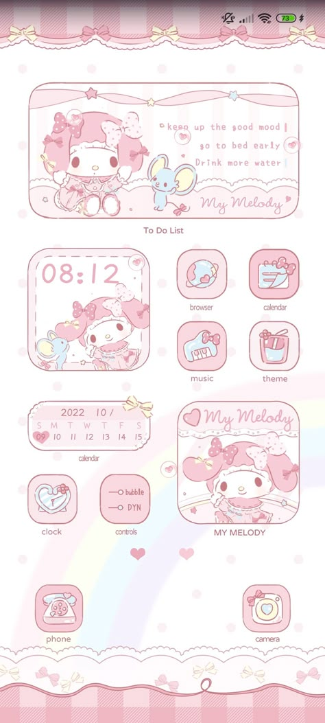 My Melody Homescreen, My Lockscreen, Android Theme, Iphone Wallpaper Kawaii, Cute App, Iphone App Design, Homescreen Iphone, Homescreen Layout, Iphone Design