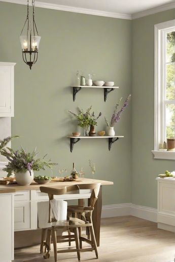 Discover the top kitchen wall paint choice for 2024 - CLARY SAGE (SW 6178) - and elevate your kitchen's style effortlessly. #ad      #PaintYourSpace  #ColorfulInteriors  #DIYpainting  ##DIYhomedecor  #cozyhome Clary Sage Kitchen Walls, Colour Scheme For Kitchen, Sage Walls Kitchen, Sage Dining Room Walls, Green Paint Kitchen Walls, Sage Kitchen Walls, Sage Green Wall Color, Green Walls Kitchen, Light Green Kitchen Walls