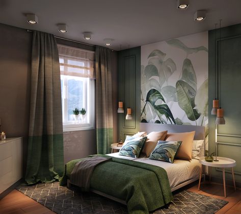 Tropical Bedrooms, Modern Bedroom Interior, Bedroom Bed Design, Bedroom Furniture Design, Modern Bedroom Design, Green Rooms, Master Bedrooms Decor, Home Room Design, Apartment Interior