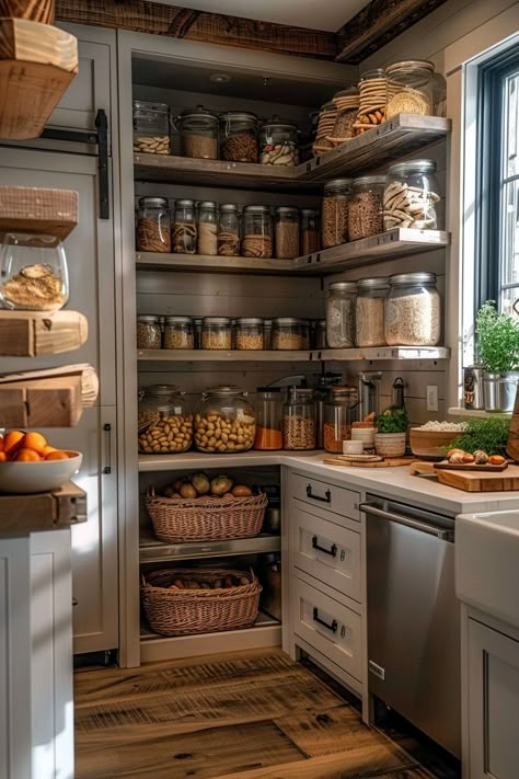 Farmhouse Kitchen Pantry Ideas - Quiet Minimal Boho Pantry Ideas, Skullery Ideas, Farmhouse Kitchen With Pantry, Home Pantry Design, Organized Pantry Ideas, Pantry Rustic, Farmstead Kitchen, Black Pantry, Italian Pantry