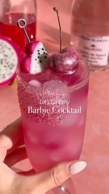 Kelly Pettit on Instagram Pink Glitter Cocktail, Pink Tequila, Barbie Cocktail, Pink Vodka, Valentines Brunch, Fun Drink Recipe, Strawberry Cocktails, Fruit Hearts, Cocktails Recipes