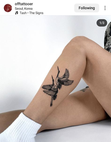 Yoga Ankle Tattoo, Birds Leg Tattoo, Japanese Crane Tattoo Leg, Swallow Leg Tattoo, Female Pose Tattoo, Bird Upper Arm Tattoo, Dancing Crane Tattoo, Crane Leg Tattoo, Crane Tattoo Leg