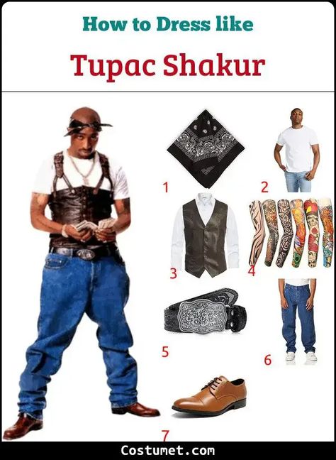 Tupac Shakur's Costume for Cosplay & Halloween 2023 Tupac Costume Halloween, Tupac Halloween Costume, Black Men Costumes Halloween, Tupac Costume, Halloween Costumes Black Men, Tupac Outfits, Rapper Costume, Dungaree Outfit, Character Dress Up