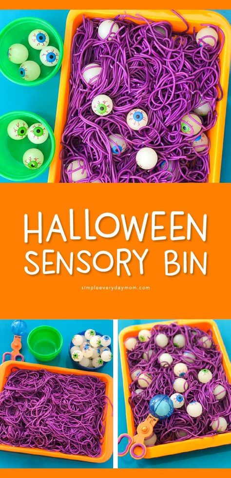 Halloween Sensory Bin For Kids | Let kids have squishy, slimy fun with this colored spaghetti and eyeball sensory box. It's perfect for toddlers, preschool kids and kindergarten kids plus you can make it educational too!     #halloween #sensoryplay #senso Halloween Sensory Bin, Eyeball Halloween, Colored Spaghetti, Halloween Infantil, Halloween Sensory, Halloween Preschool, Sensory Boxes, Halloween Eyeballs, Halloween Activities For Kids